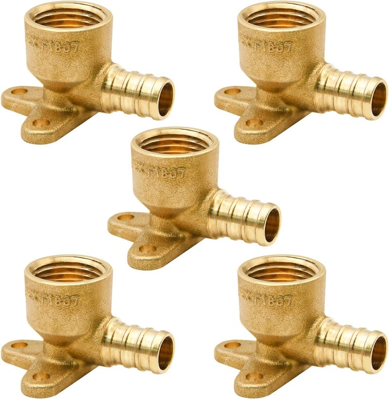 Ruby Q 5 Pack Drop Ear Elbow Fittings, PEX 1/2" x 1/2" NPT Female Threaded Adapter Crimp Fitting, Brass, Full Port for PEX pipes in plumbing jobs - Image 1